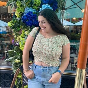 Floral smocked off the shoulder crop top